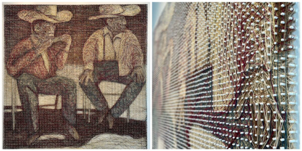 A woven work by Marcos Hernandez Chavez featuring two vaqueros sitting and eating corn.