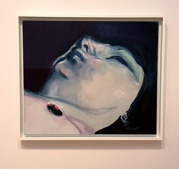 A close-up painting of a woman's face and partial chest. The figure appears to be laying down with eyes closed. The figure is painted in shades of gray with hints of pink.