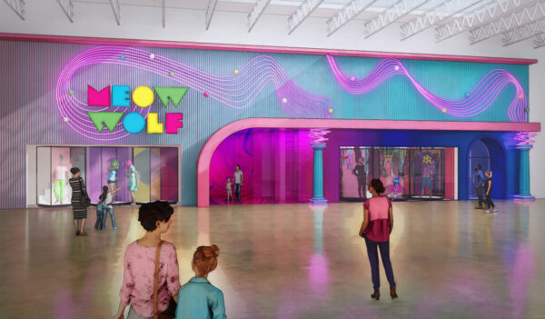 A digital rendering of the facade of a planned Meow Wolf location. The facade is painted bright blue and has swirls of pink across it. Multicolored text reads, "MEOW WOLF."