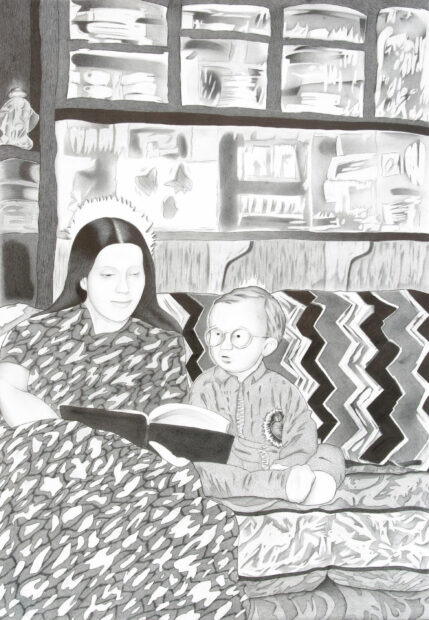 A large scale graphite drawing of a mother reading to her young son. Artwork by Michael Bise.