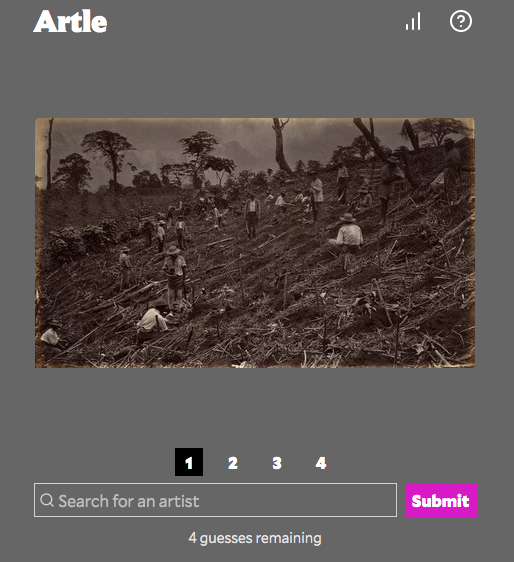 A screenshot of the website for Artle, a game for which players guess the artist behind a work of art. 