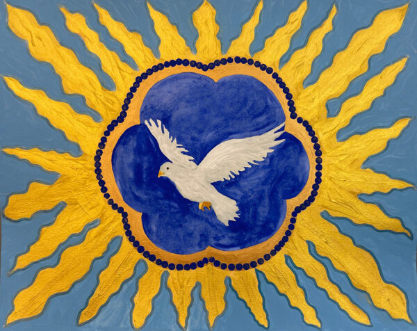 A print by Pamela Nelson featuring a white dove flying set against a blue background. Behind the bird and the blue floral shaped background is a yellow organic shape resembling a sun with extended sun rays.
