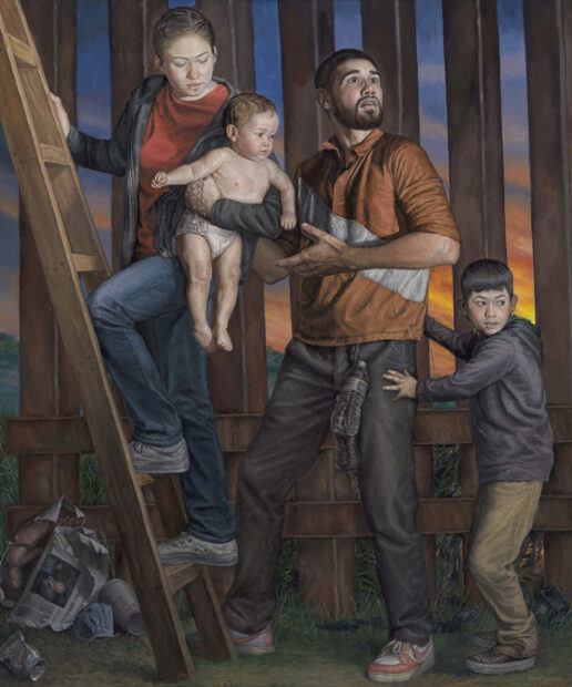 A large-scale painting by Rigoberto A. Gonzalez of a young family who are about to climb a ladder to cross the Mexico-U.S. border. 