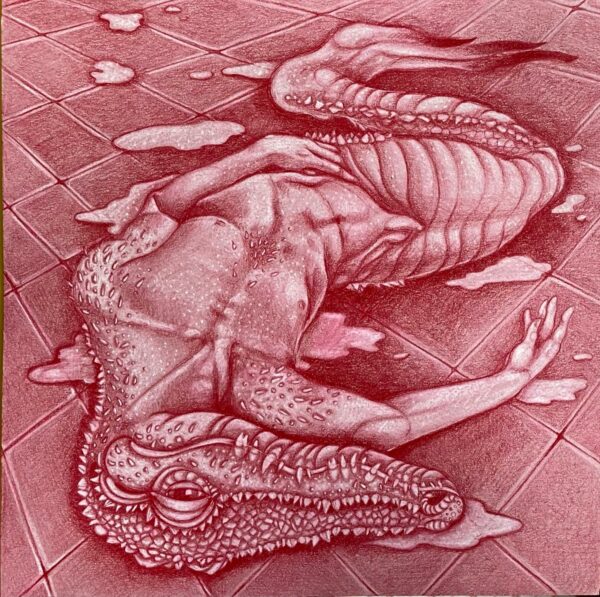 A red colored pencil drawing of an anthropomorphic reptile laying wet on a tiled floor in forced perspective