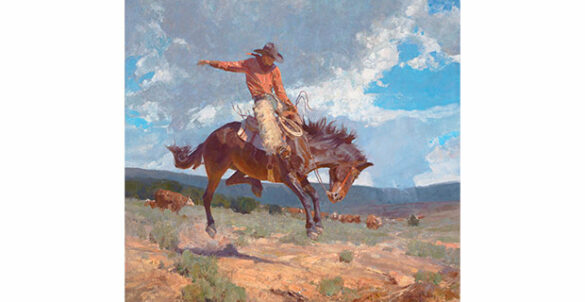 A cowboy balances himself on a bucking horse on a desert valley with large clouds overhead