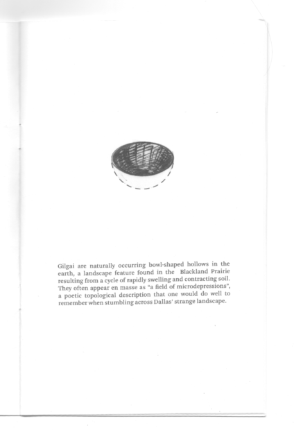 The right page of a zine with a small graphic of the interior hemisphere of a hollow sphere with the concave side facing up. Text describing naturally occurring bowl-shaped hollows in the earth is printed below the image.
