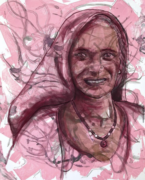 Gestural painting of a woman facing and smiling at the viewer