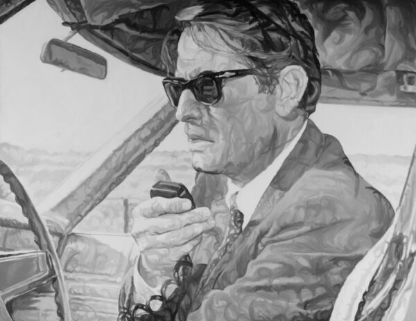 Painting of a man sitting in a car and holding a radio. He is speaking into the radio, and wearing a suit and sunglasses. The work is entirely in grayscale.