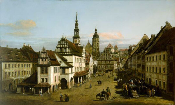 An 18th century painting of an outdoor marketplace in Pirna, Germany painted by Bernardo Bellotto.