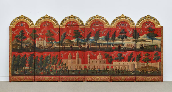 An 18th century six panel folding screen featuring depictions of Mexico City. The background of the images is deep red and the edges of the screen are thinly covered with gold leaf.