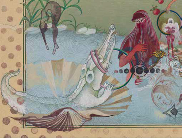 Detail of a figure in red emerging from water near a mythical looking alligator creature