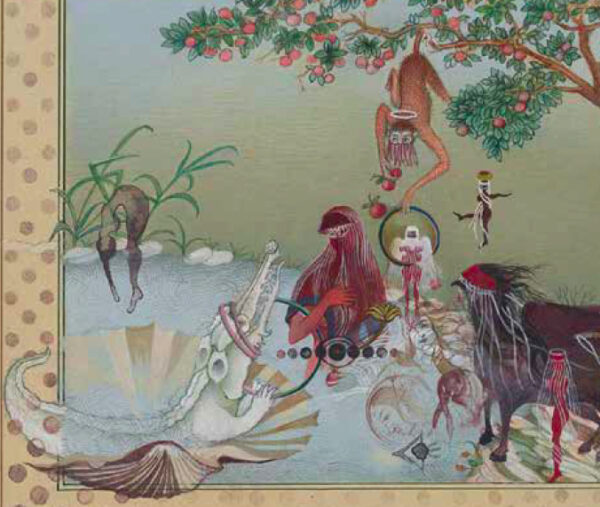 Image of a figure in red emerging from water surrounded by animal creatures