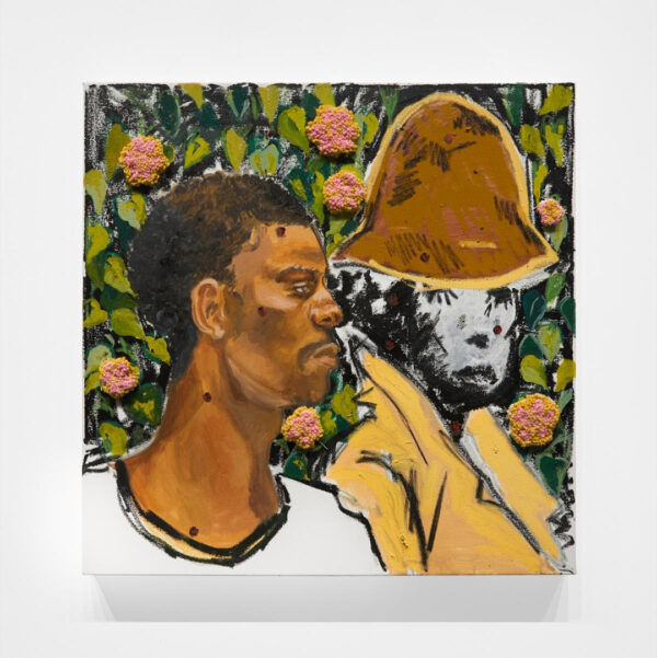 A square shaped painting by Alexis Pye featuring a Black male figure painted in a realistic style and an additional figure drawn more abstractly. The background includes green leaves and pink flowers.