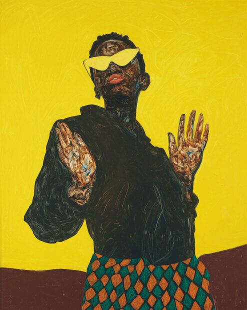 A painting feature a figure wearing a black shirt and green and orange patterned pants. The figure is standing against a yellow background, has a dark skin tone, and is holding their hands up. They are wearing sunglasses that are the same color as the background.