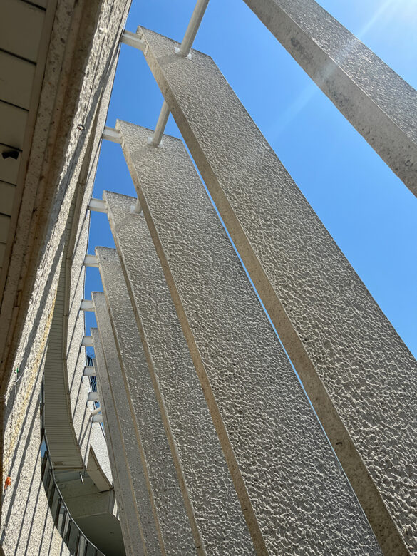 A photograph showing a detail of the exterior of the Emma S. Barrientos Mexican American Cultural Center.
