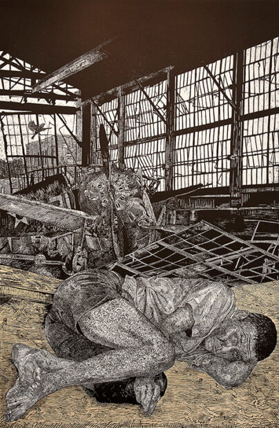 A woodcut print by Alice Leora Briggs depicting a male figure huddled in a fetus position on the ground of what appears to be a dilapidated building.