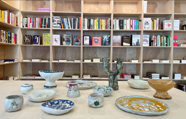 A table top with an assortment of ceramic works by Jessica Ninci, on view at Basket Books & Art.