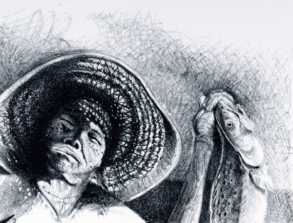 A black and white drawing of a person wearing a large straw hat and holding a fish in one hand.
