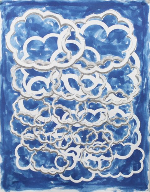 A work on paper by Brad Tucker that features simple drawings of overlapping outlines of clouds against a blue background.