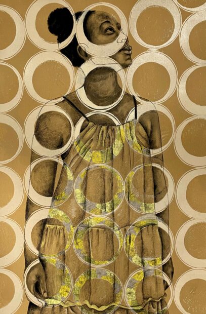 Mixed media painting of a woman gazing upwards agains a yellow background with white circles in the foreground