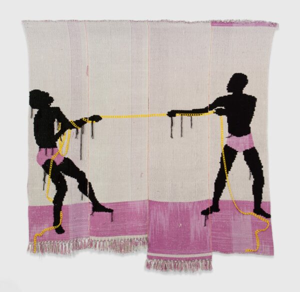 A textile work by Diedrick Brackens featuring two Black figures holding a gold chain and each pulling it in opposite directions.