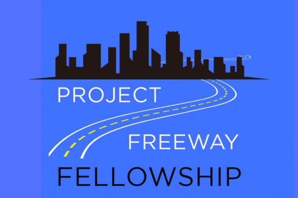 A designed graphic featuring a silhouette of Houston's downtown with a long winding road. The text reads, "Project Freeway Fellowship."