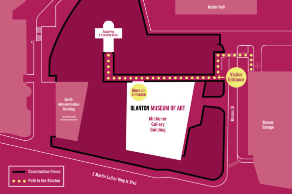 A pink map showing the layout of the Blanton Museum of Art and Ellsworth Kelly's "Austin." The building by Kelly is shaped like a cross.