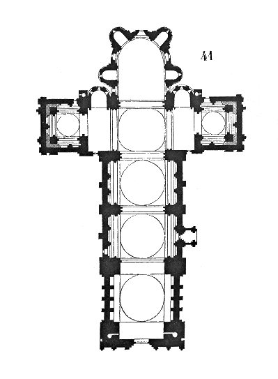 A line drawing of the floor plan of Angoulême Cathedral. The cathedral is laid out in a traditional Romanesque tradition with the building creating the shape of a cross.