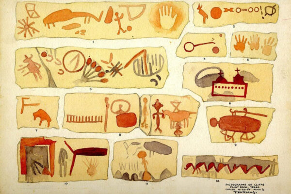 Photo of a work on paper with various rectangular shapes with individual glyph-like drawings