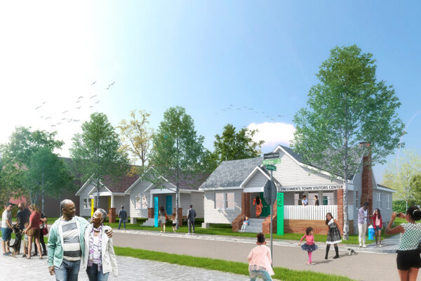 A digital rendering of a design for the Freedmen's Town Visitors Center. The rendering depicts multiple small residential houses on a street with groups of people walking through the neighborhood.
