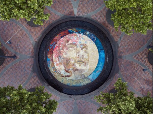 Birds eye view of a mosaic installation piece at Midtown park, Houston