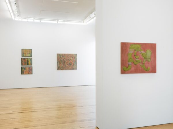 An installation image of five colorful abstract works by Sebastián Gordín.