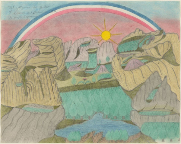 A mixed media drawing of a landscape by Joseph E. Yoakum. The image features abstracted mountains, simplified trees, a sunset against a pink and blue sky and a pink, white, and blue rainbow.
