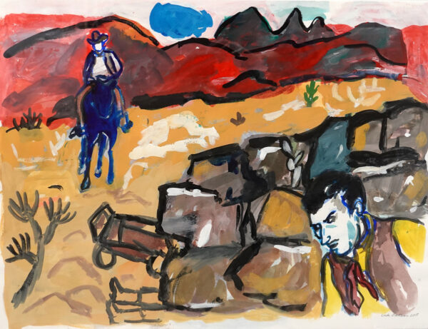 A stylized painting of two cowboys in the desert. One rides a horse in the distance, the other seemingly hides behind rocks in the foreground.