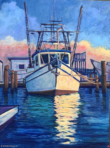 A painting of a small boat tied up at a boat dock. The white boat with blue trim sits in deep blue waters and is set against a light blue sky with a low pink cloud. Artwork by Jeffrey Neel McDaniel.