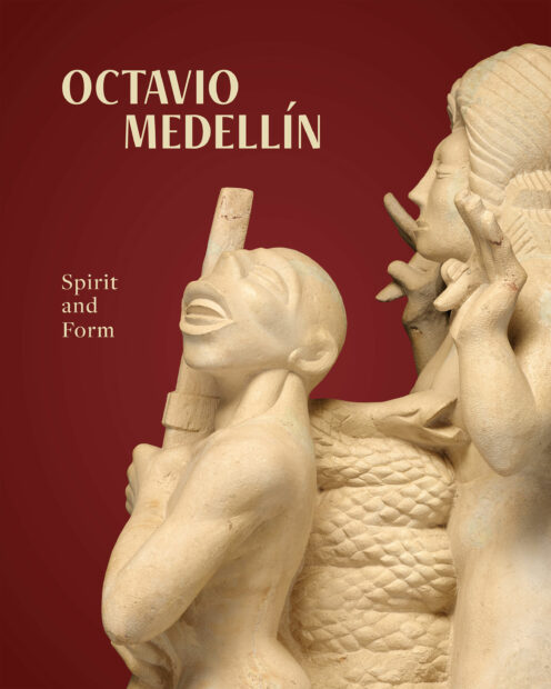 Image of a book cover with a white sculpture of two figures against a red background