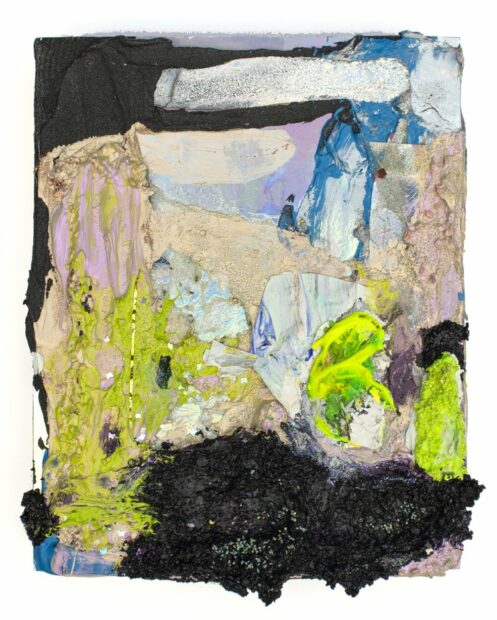 An abstract painting by Melinda Laszcazynski. The artwork incorporates black, pale pink, neon green, white, and vibrant blue and is painted with a thick texture.