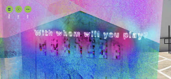 A colorful digital overlay is layered over an image of a building. White text reads, "With whom will you play?"