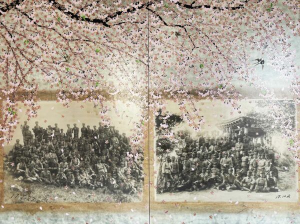Diptych of two crowds of people surrounded by cherry blossoms
