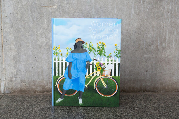 Book cover with a painting of a woman standing in front of a bike