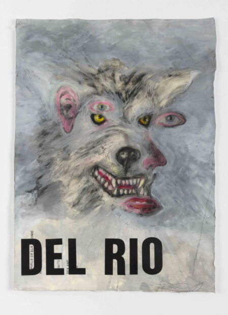 A mixed-media work on paper by Terry Allen depicting a wolf with human facial features super imposed. Text below the image reads, "Del Rio."