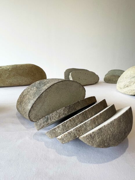 Stones made to look like sliced bread on a table