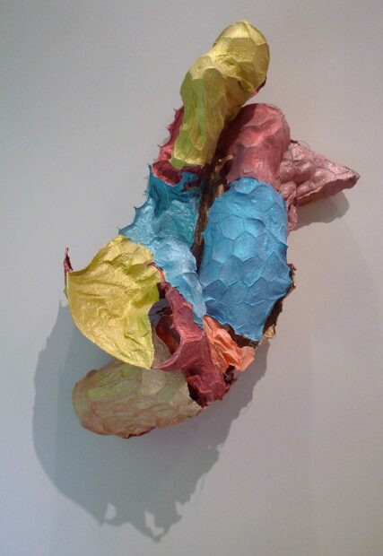 Blue, pink and yellow wall sculpture