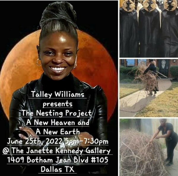 A promotional flyer for Talley Williams "The Nesting Project." The designed graphic includes images of the artist and the production of the installation. 