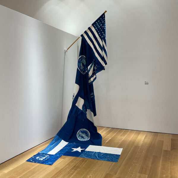 A mixed media work by Alex Robinson using a variety of flags each which have been made using cyanotype. The US flag is protruding from the wall on a wooden dowel and other flags attached to the US flag hang down to the ground.