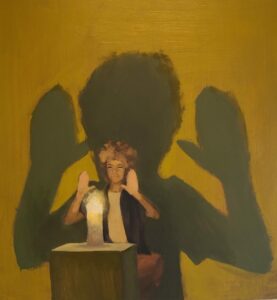 A painting by Aliyah Cydonia Scobey featuring a person facing a candle on a table top. The person's hands are raised and a large shadow of the figure is cast on the wall.
