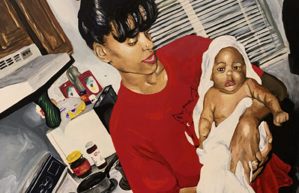 A gouache and acrylic painting by Ari Brielle of a Black mother holding her baby. The baby is wrapped in a towel and the pair stand in a kitchen.