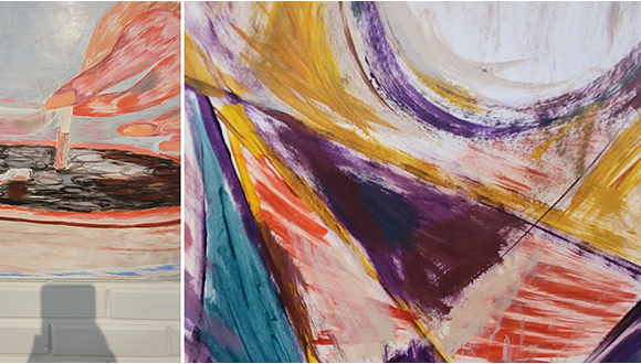 Details of two works the left shows a hand with fingers and the right a colorful abstraction