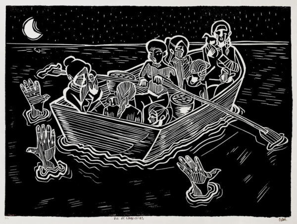 A black and white print made be Genesis Lopez depicting a group of people in a row boat at night. As they paddle across an endless body of water, hands emerge from the water appear to reach for help.