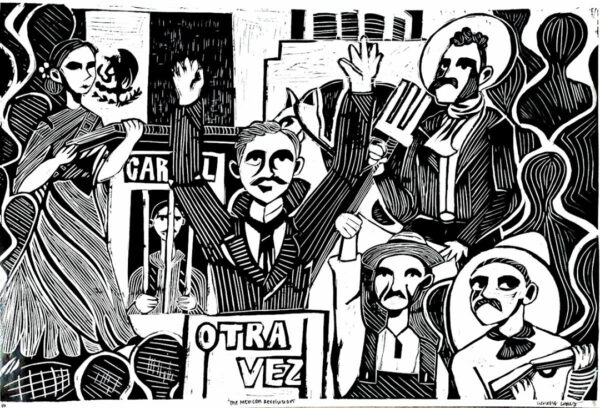 A black and white print made by Genesis Lopez. The image depicts a man standing at a podium with the words "Otra Vez" and behind him is a crowd of people.